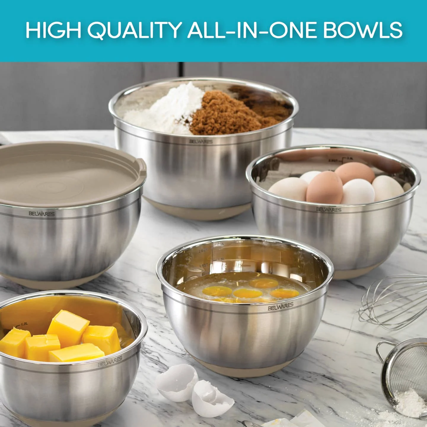8-piece stainless steel mixing bowl set with khaki lids and graters by Bambusi Belwares