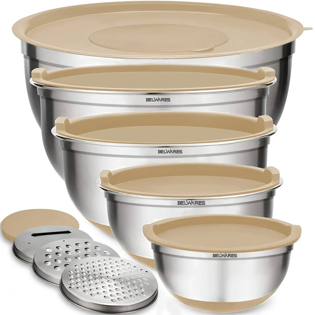 8-piece stainless steel mixing bowl set with khaki lids and graters by Bambusi Belwares