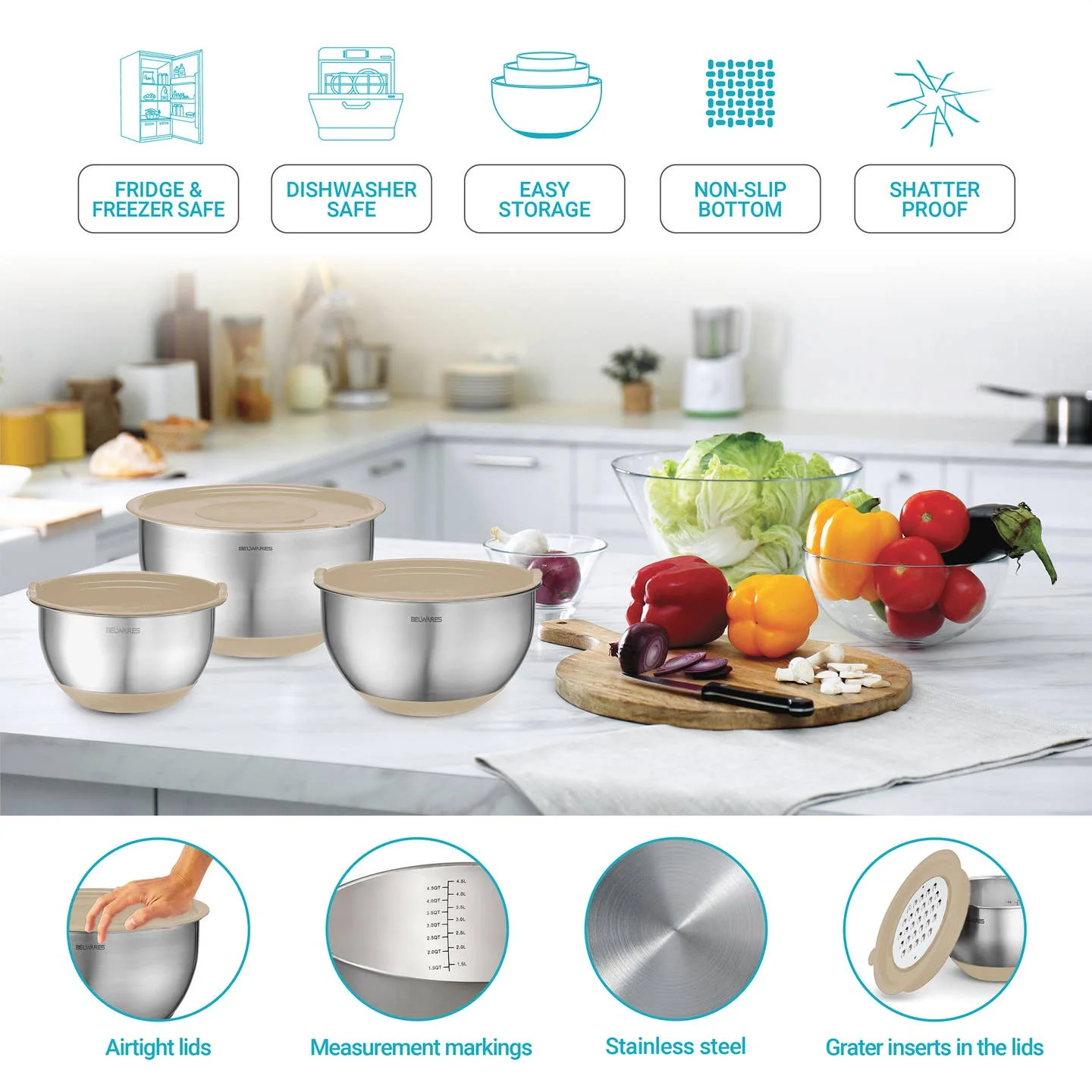 8-piece stainless steel mixing bowl set with khaki lids and graters by Bambusi Belwares