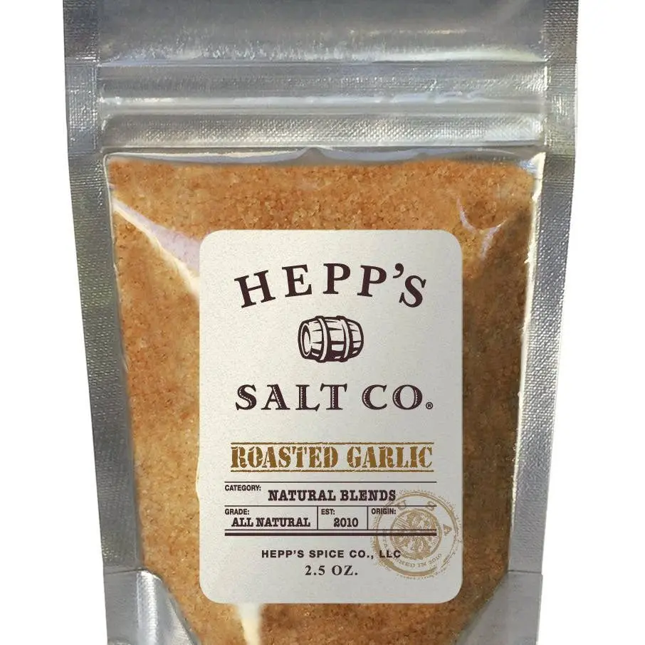 Small glass jar of HEPP’S Roasted Garlic Sea Salt with clean white label