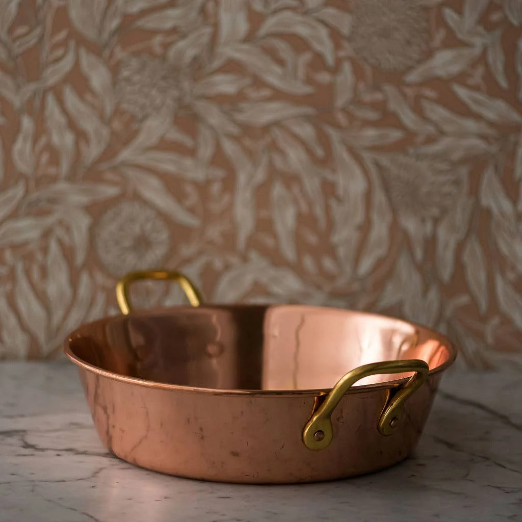 11-inch copper fait tout pan with brass handles by Galley and Fen