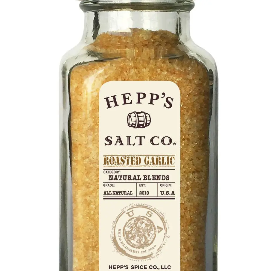 Small glass jar of HEPP’S Roasted Garlic Sea Salt with clean white label