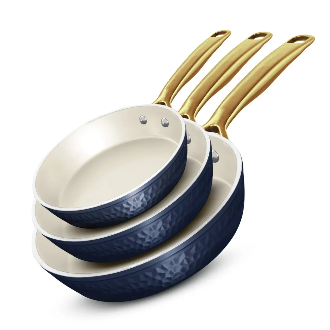 3-piece navy hammered nonstick fry pan set from Gotham Steel