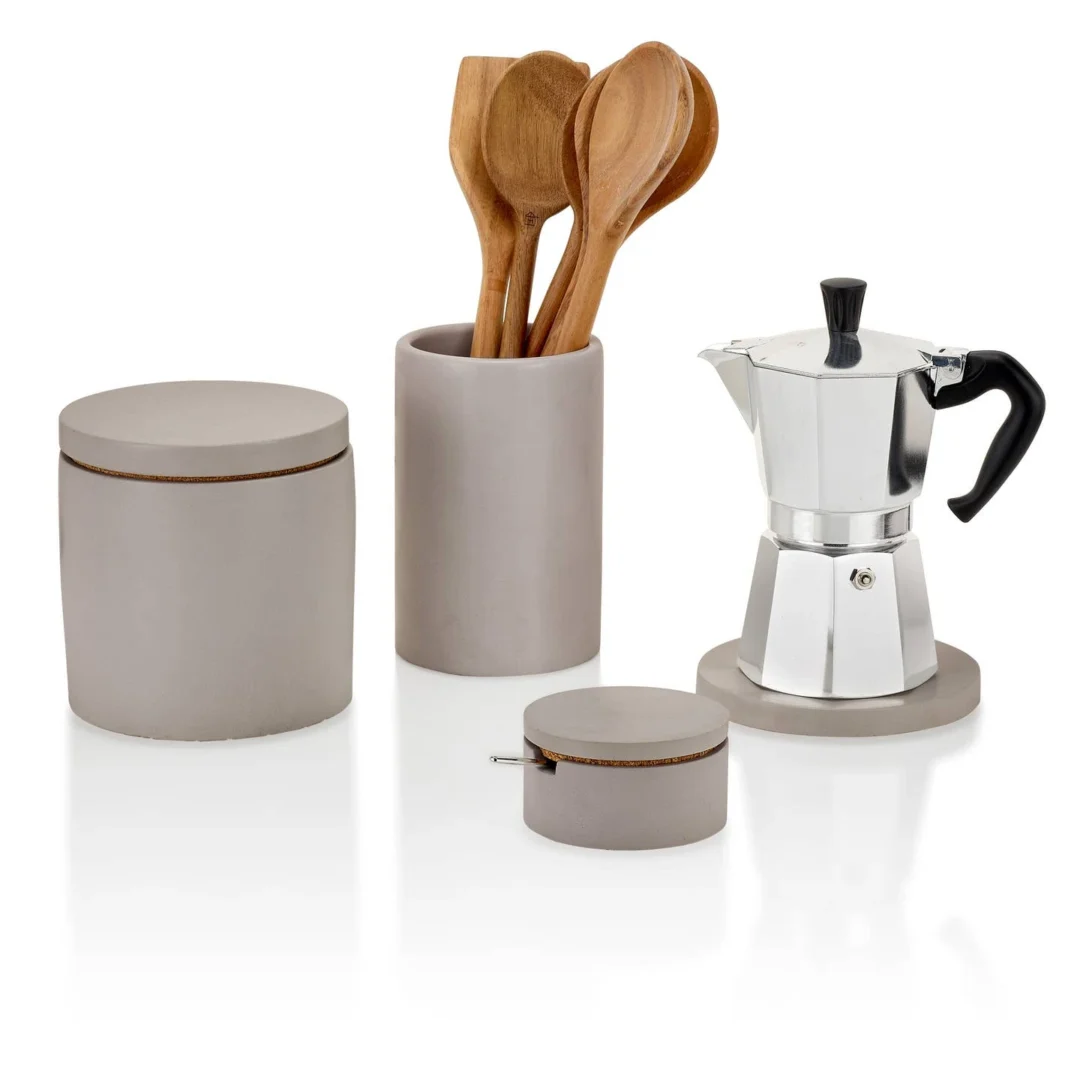 Port Living Co. concrete kitchen set with utensil holder, spice cellar, trivet, and canister