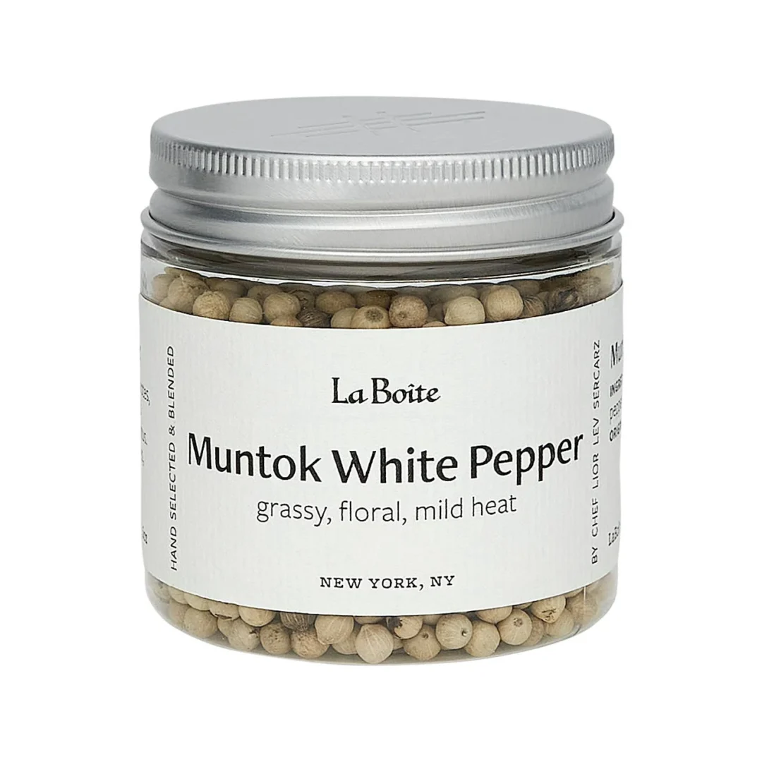 "Jar of La Boîte whole white peppercorns from Indonesia