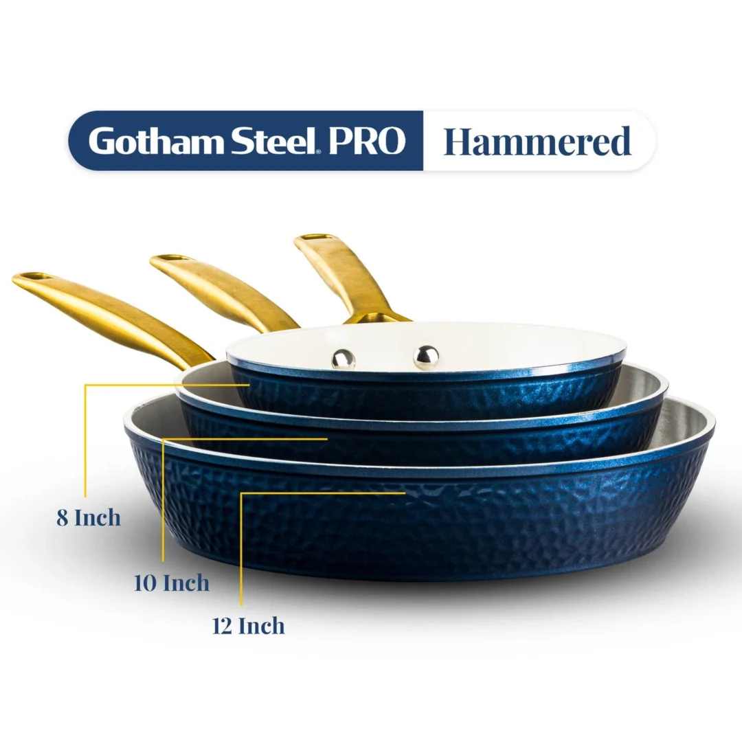 3-piece navy hammered nonstick fry pan set from Gotham Steel