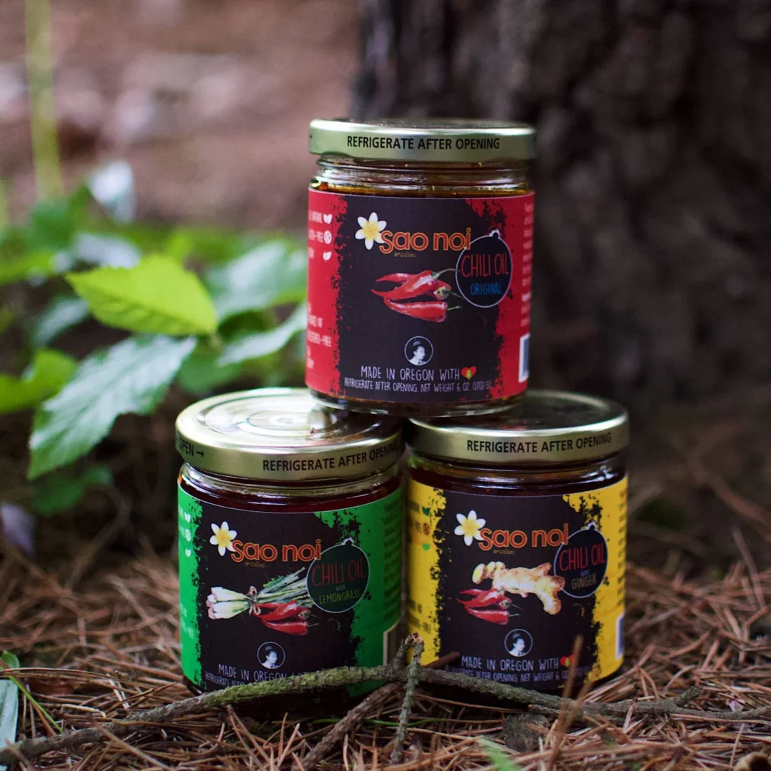 Jar of Sao Noi Original Chili Crunch Oil with crispy garlic and Thai chili