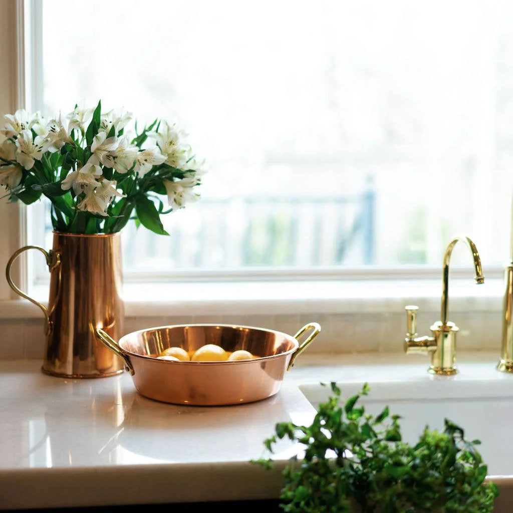 11-inch copper fait tout pan with brass handles by Galley and Fen