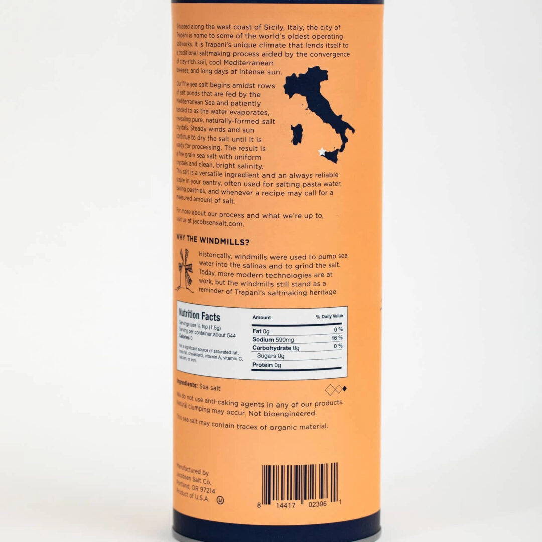 1.8 lb tube of Italian sea salt from Trapani, Italy by Jacobsen Salt Co.