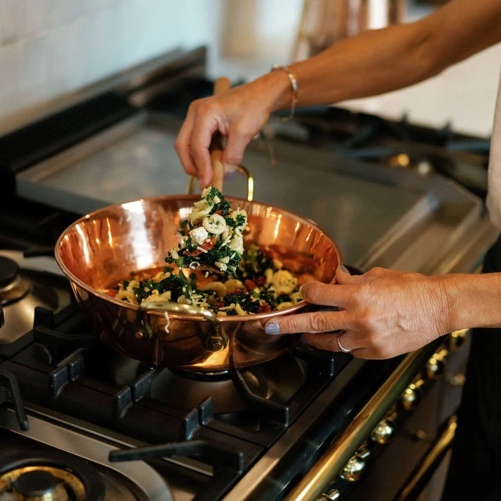 11-inch copper fait tout pan with brass handles by Galley and Fen
