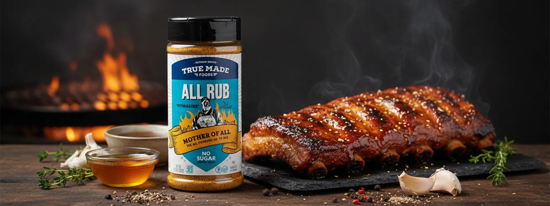 True Made Foods All Rub seasoning bottle beside a rack of glazed BBQ ribs, garlic, herbs, and sauce with a grill fire in the background.