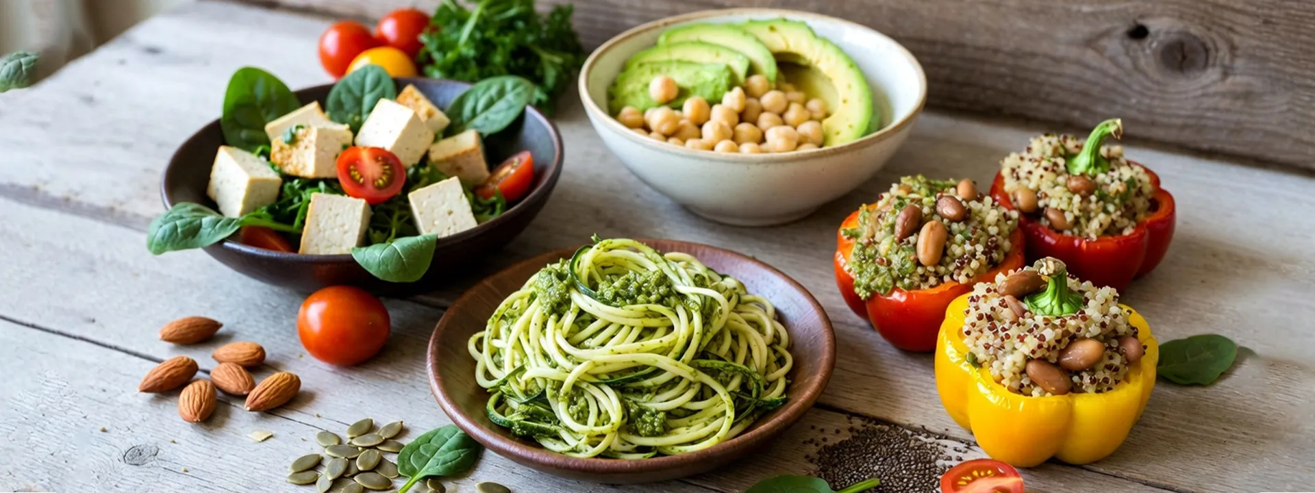 Colorful vegan bowls with tofu salad, pesto zucchini noodles, chickpeas, and quinoa-stuffed bell peppers on a rustic wooden table.