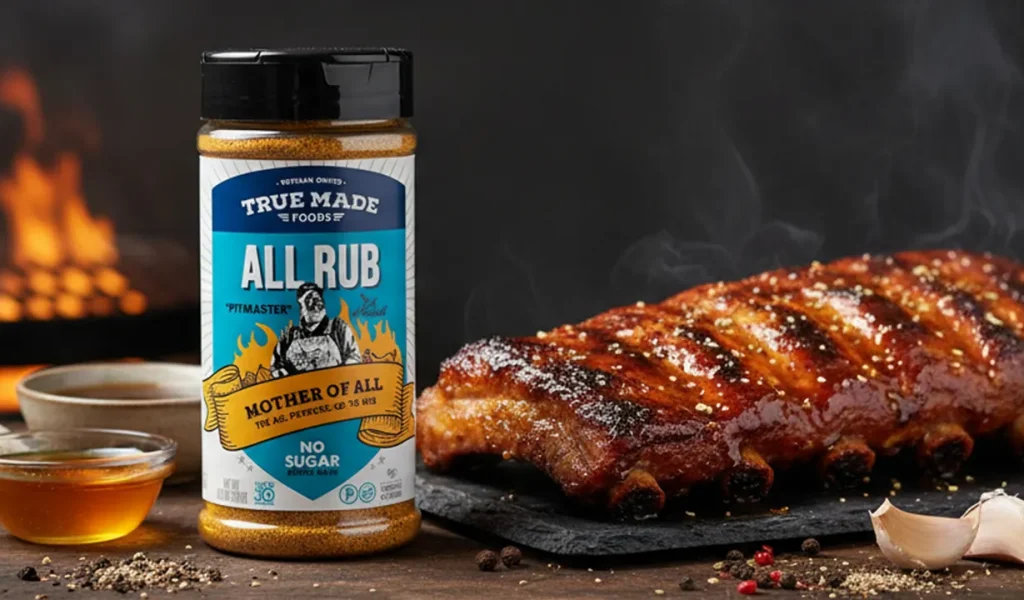True Made Foods All Rub seasoning bottle beside a rack of glazed BBQ ribs, garlic, herbs, and sauce with a grill fire in the background.