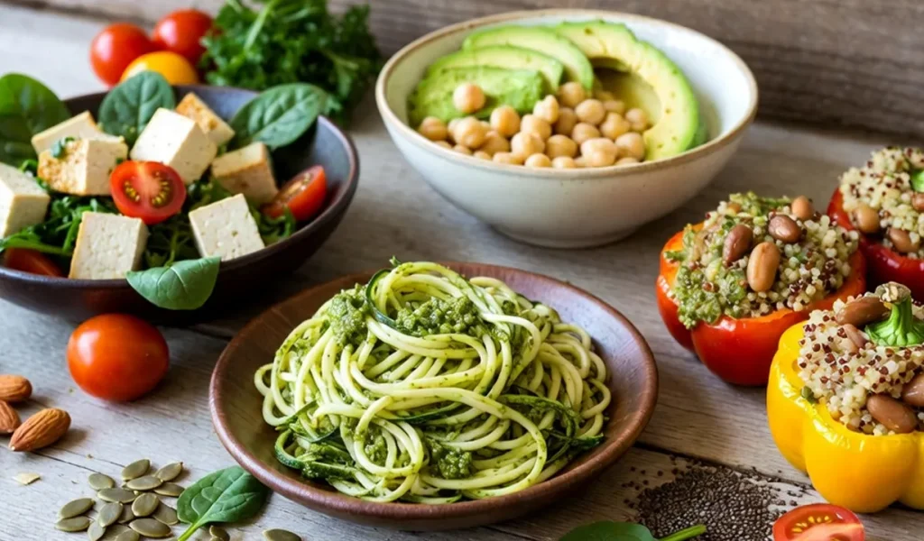 Colorful vegan bowls with tofu salad, pesto zucchini noodles, chickpeas, and quinoa-stuffed bell peppers on a rustic wooden table.