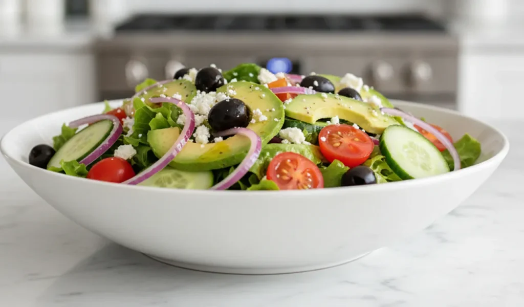 Large white bowl of fresh salad with lettuce, avocado, tomatoes, cucumbers, olives, onions, and feta on a marble kitchen counter.